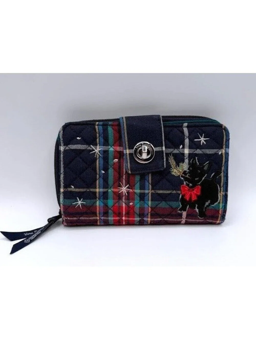 Vera Bradley Scottie Dog Plaid Turnlock Wallet Navy Blue Tartan Quilted Cotton